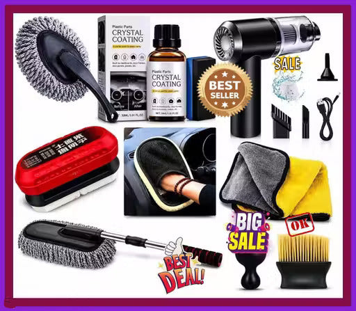 9-Piece Premium Car Cleaning Kit – Super Microfiber Car Duster Set with Vacuum Cleaner, Crystal Coating Spray, AC Vent Brush & Cleaning Gloves for Interior & Exterior Cleaning