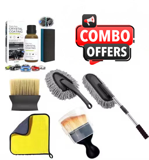 Pack of 6 Premium Microfiber Car Cleaning Kit – Interior & Exterior Car Duster Set with Crystal Coating Spray for Cars, Bikes, SUVs & Plastic Parts